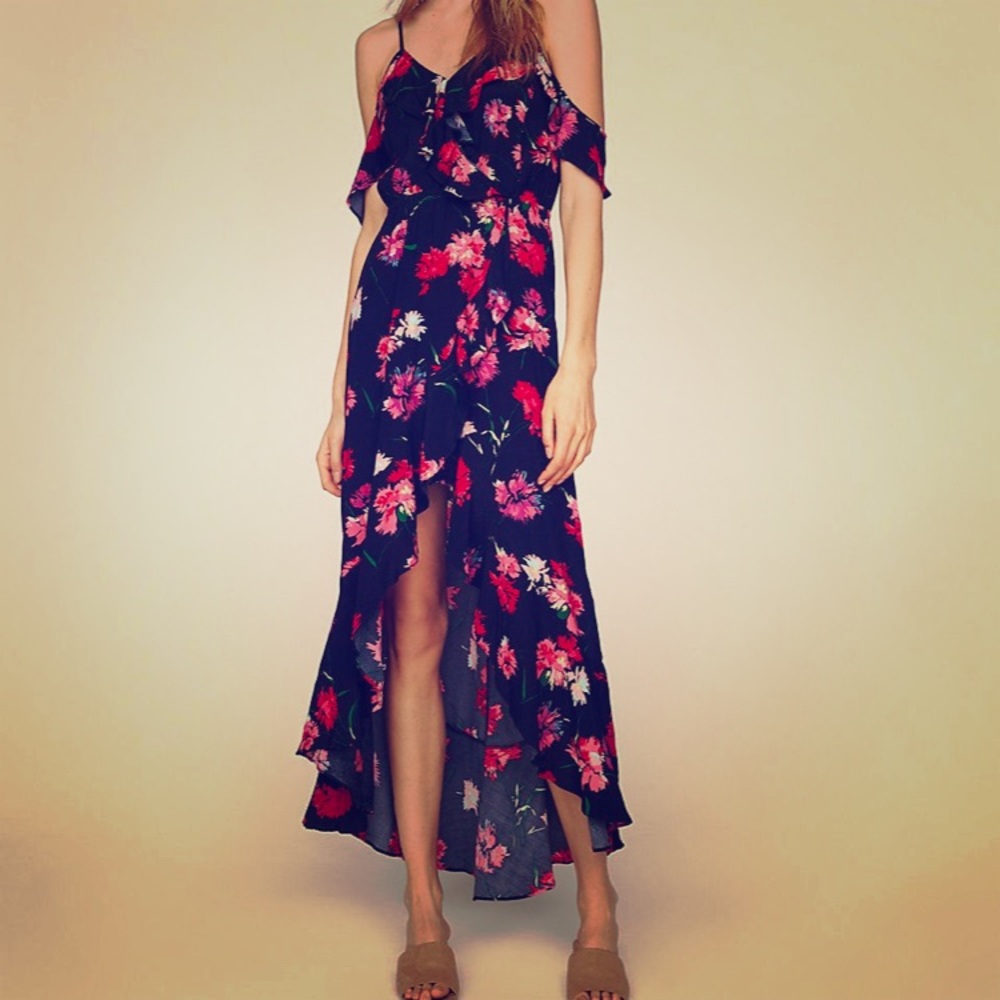 Navy blue & floral front slit max dress
